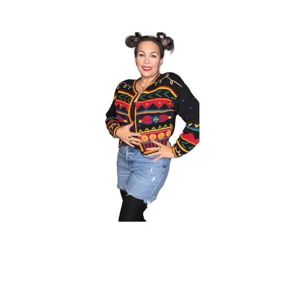 Colorful Expressive Womans Cardigan Sweater Size M Black Red Yellow & Blue Wool - Picture 2 of 7